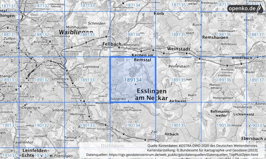 Übersichtskarte des KOSTRA-DWD-2020-Rasterfeldes Nr. 189134