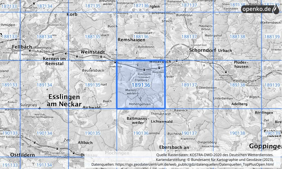 Übersichtskarte des KOSTRA-DWD-2020-Rasterfeldes Nr. 189136