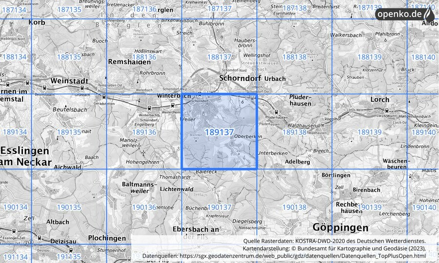 Übersichtskarte des KOSTRA-DWD-2020-Rasterfeldes Nr. 189137