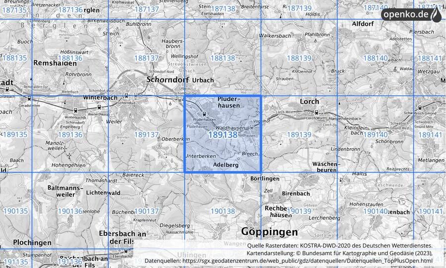 Übersichtskarte des KOSTRA-DWD-2020-Rasterfeldes Nr. 189138