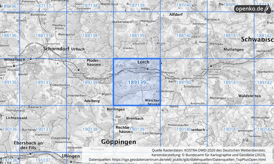 Übersichtskarte des KOSTRA-DWD-2020-Rasterfeldes Nr. 189139