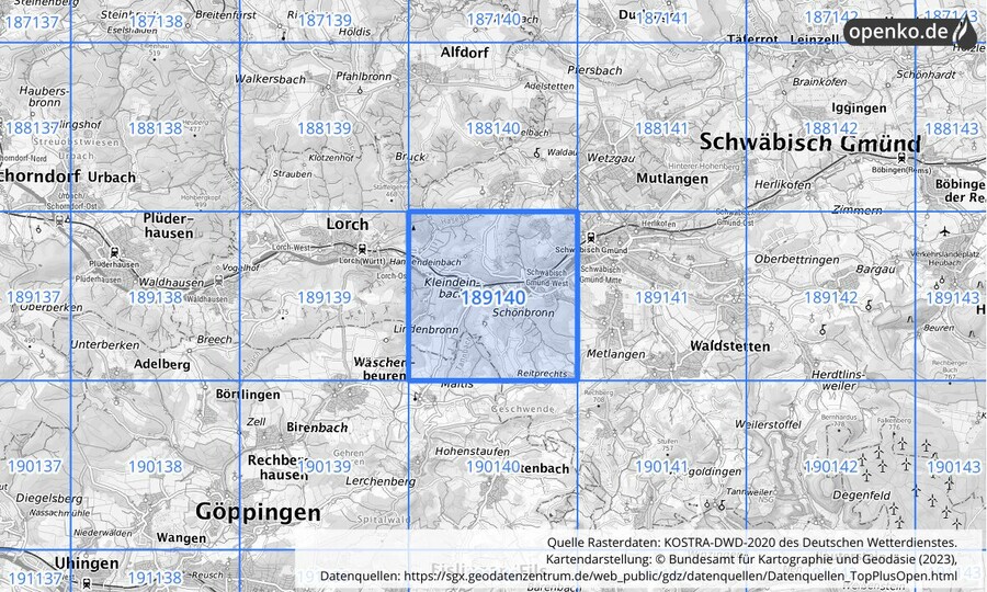 Übersichtskarte des KOSTRA-DWD-2020-Rasterfeldes Nr. 189140