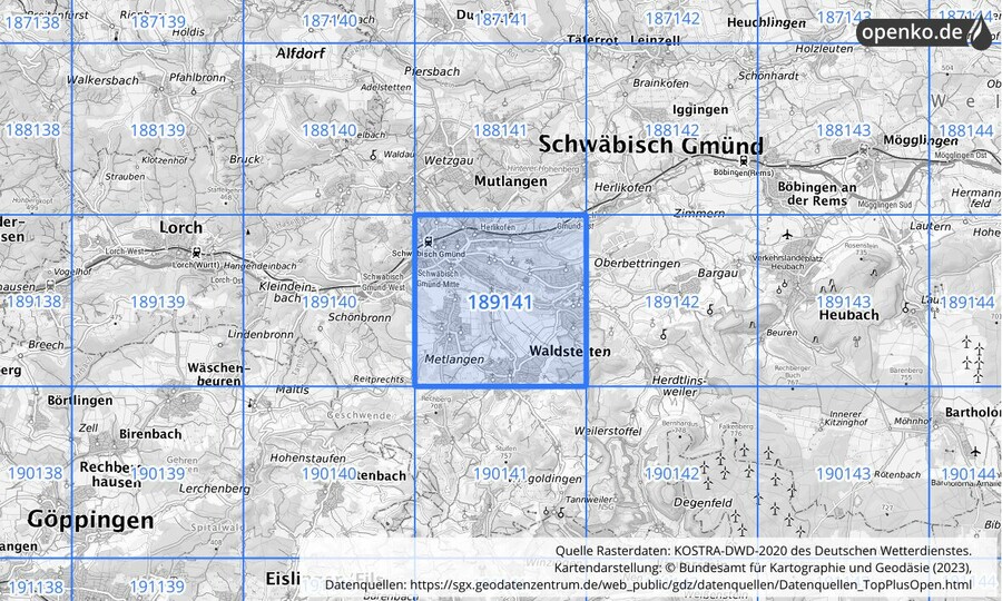 Übersichtskarte des KOSTRA-DWD-2020-Rasterfeldes Nr. 189141