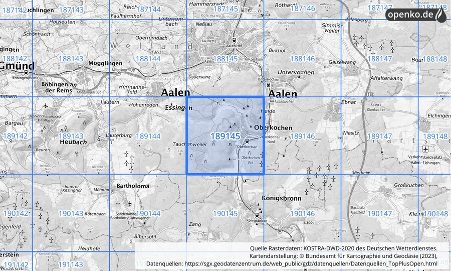 Übersichtskarte des KOSTRA-DWD-2020-Rasterfeldes Nr. 189145