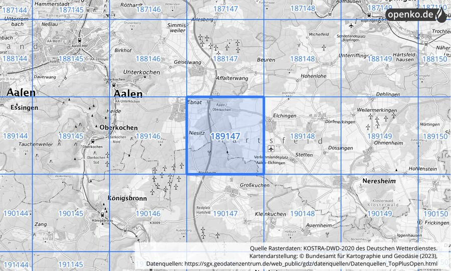 Übersichtskarte des KOSTRA-DWD-2020-Rasterfeldes Nr. 189147