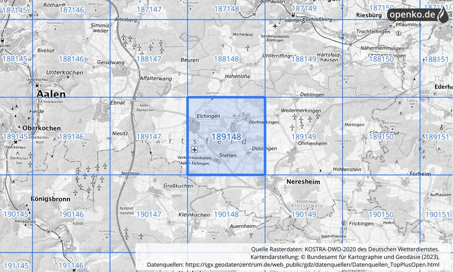 Übersichtskarte des KOSTRA-DWD-2020-Rasterfeldes Nr. 189148