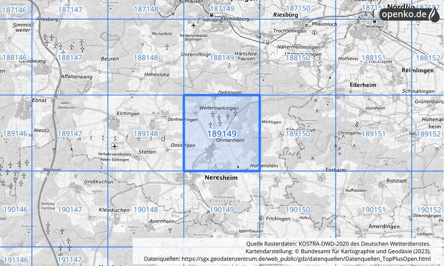 Übersichtskarte des KOSTRA-DWD-2020-Rasterfeldes Nr. 189149