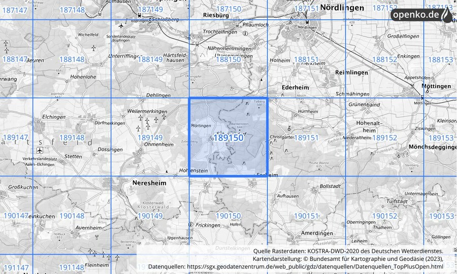 Übersichtskarte des KOSTRA-DWD-2020-Rasterfeldes Nr. 189150