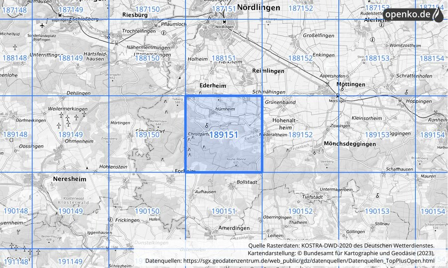 Übersichtskarte des KOSTRA-DWD-2020-Rasterfeldes Nr. 189151