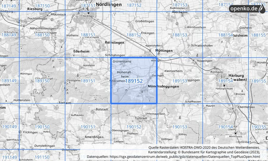 Übersichtskarte des KOSTRA-DWD-2020-Rasterfeldes Nr. 189152
