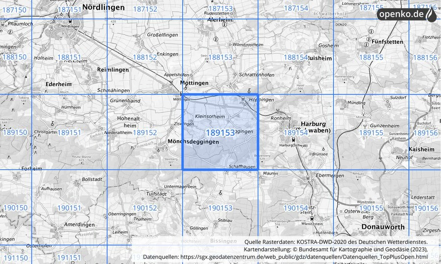 Übersichtskarte des KOSTRA-DWD-2020-Rasterfeldes Nr. 189153