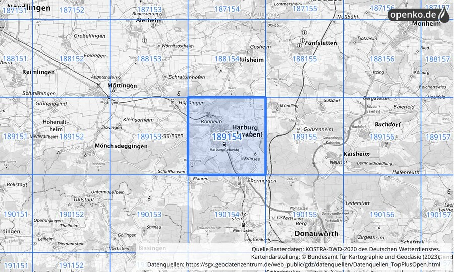 Übersichtskarte des KOSTRA-DWD-2020-Rasterfeldes Nr. 189154