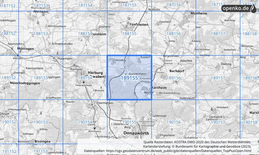 Übersichtskarte des KOSTRA-DWD-2020-Rasterfeldes Nr. 189155