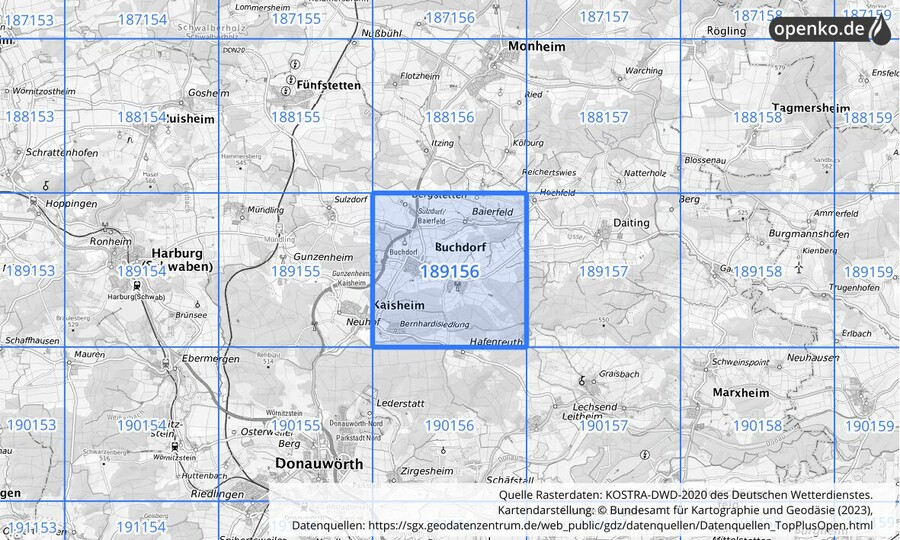 Übersichtskarte des KOSTRA-DWD-2020-Rasterfeldes Nr. 189156