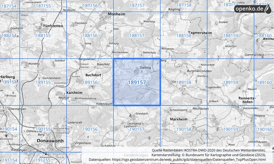 Übersichtskarte des KOSTRA-DWD-2020-Rasterfeldes Nr. 189157