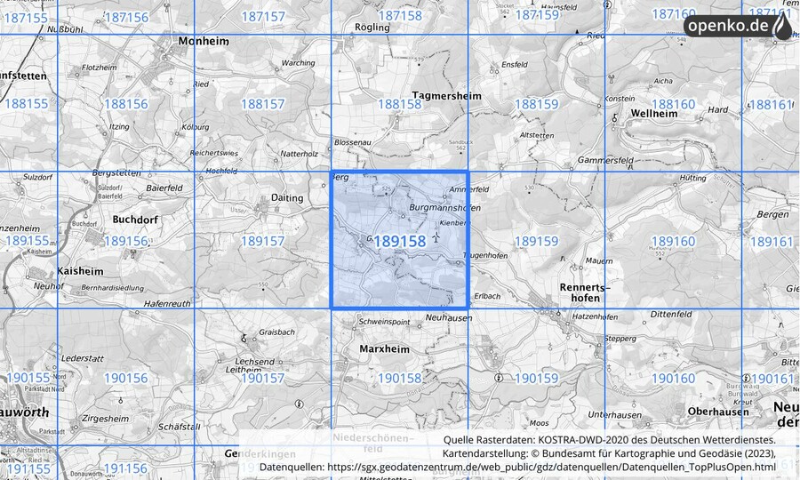 Übersichtskarte des KOSTRA-DWD-2020-Rasterfeldes Nr. 189158