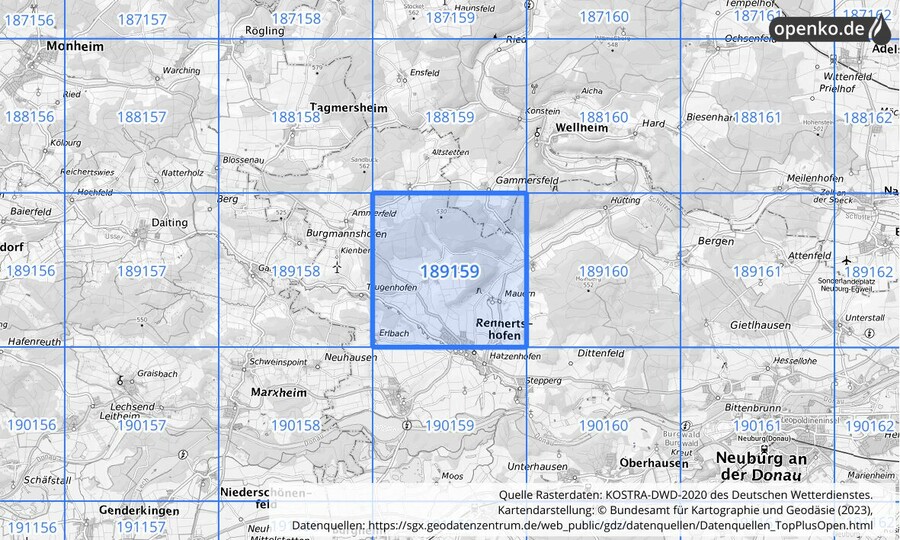 Übersichtskarte des KOSTRA-DWD-2020-Rasterfeldes Nr. 189159