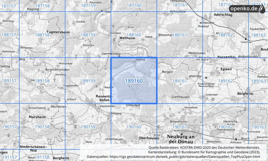 Übersichtskarte des KOSTRA-DWD-2020-Rasterfeldes Nr. 189160