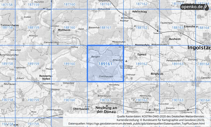 Übersichtskarte des KOSTRA-DWD-2020-Rasterfeldes Nr. 189161