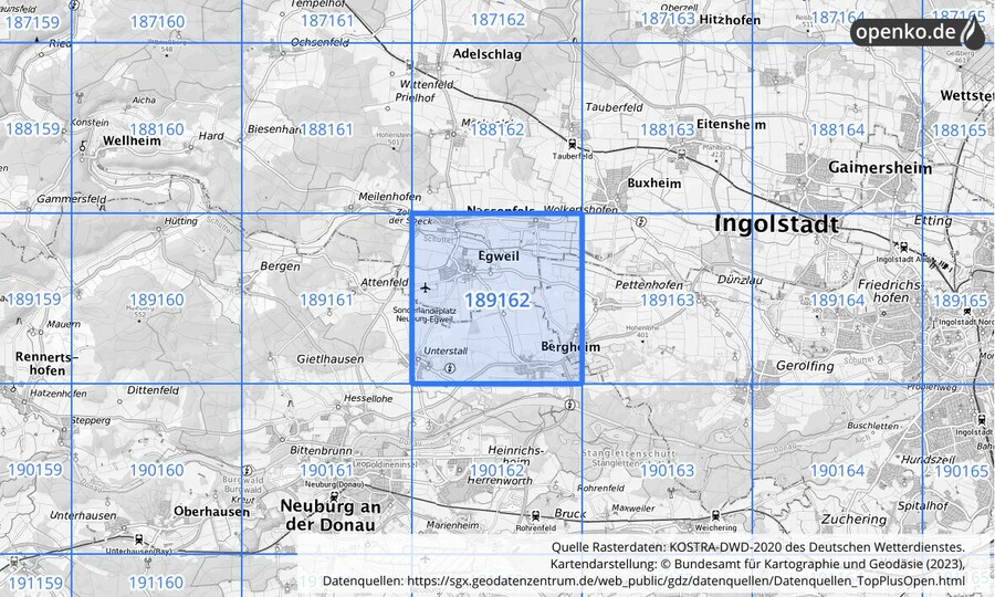 Übersichtskarte des KOSTRA-DWD-2020-Rasterfeldes Nr. 189162