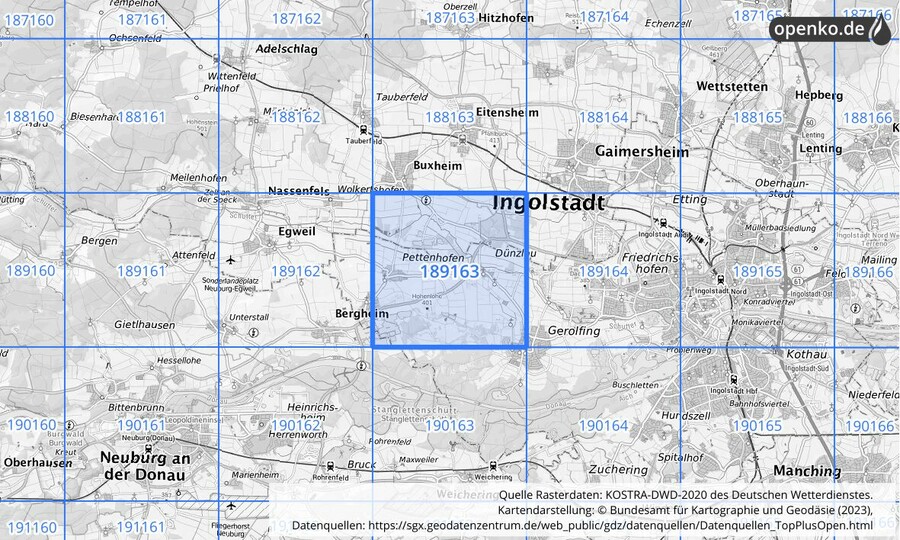 Übersichtskarte des KOSTRA-DWD-2020-Rasterfeldes Nr. 189163