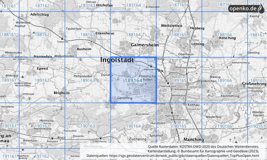 Übersichtskarte des KOSTRA-DWD-2020-Rasterfeldes Nr. 189164