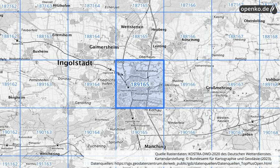 Übersichtskarte des KOSTRA-DWD-2020-Rasterfeldes Nr. 189165