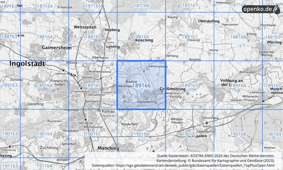 Übersichtskarte des KOSTRA-DWD-2020-Rasterfeldes Nr. 189166