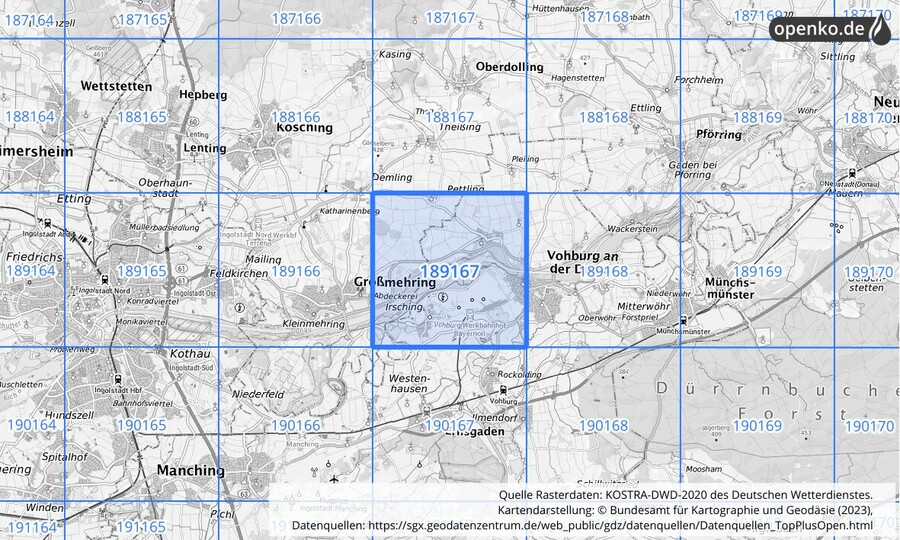 Übersichtskarte des KOSTRA-DWD-2020-Rasterfeldes Nr. 189167