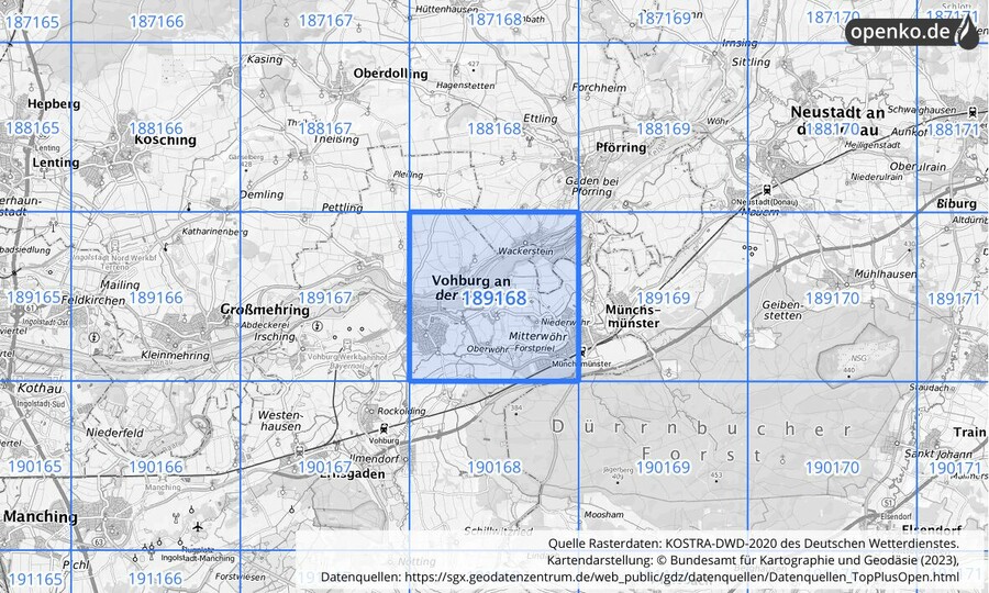 Übersichtskarte des KOSTRA-DWD-2020-Rasterfeldes Nr. 189168