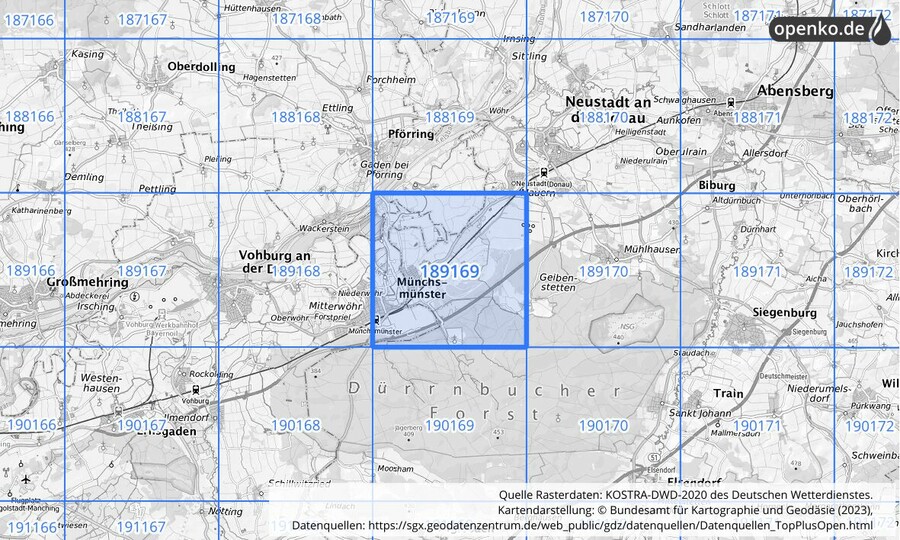 Übersichtskarte des KOSTRA-DWD-2020-Rasterfeldes Nr. 189169