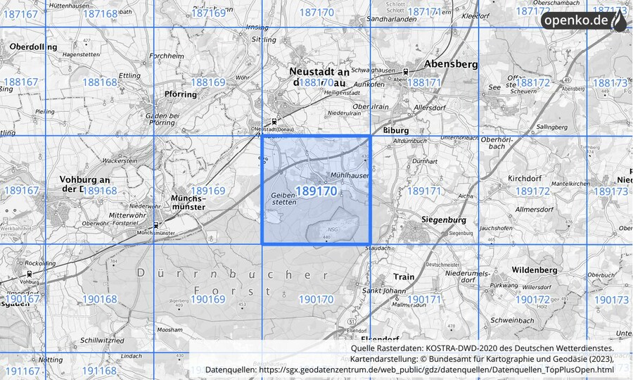 Übersichtskarte des KOSTRA-DWD-2020-Rasterfeldes Nr. 189170