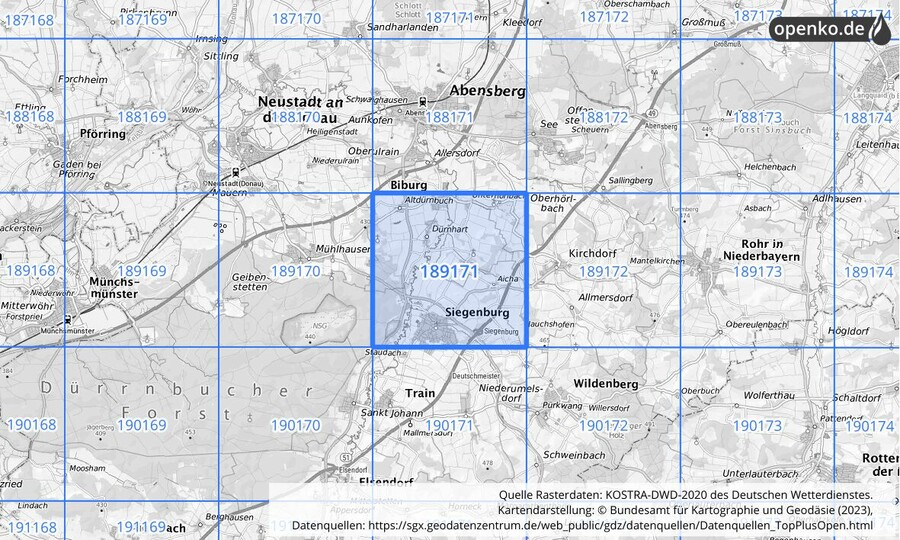 Übersichtskarte des KOSTRA-DWD-2020-Rasterfeldes Nr. 189171