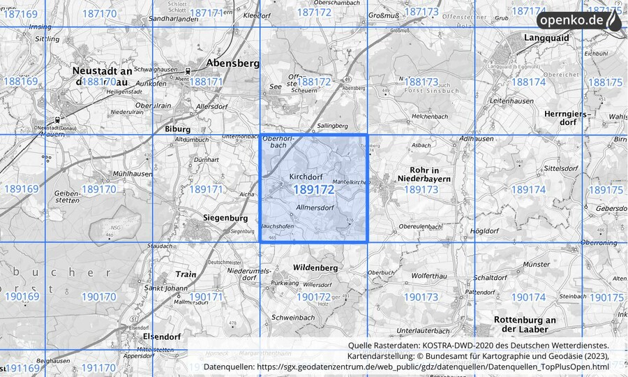 Übersichtskarte des KOSTRA-DWD-2020-Rasterfeldes Nr. 189172