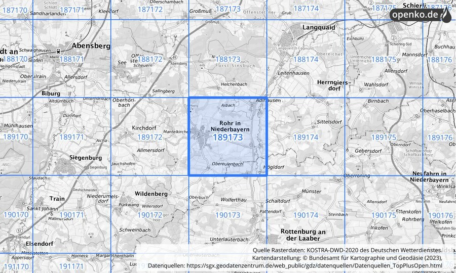 Übersichtskarte des KOSTRA-DWD-2020-Rasterfeldes Nr. 189173