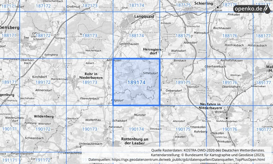 Übersichtskarte des KOSTRA-DWD-2020-Rasterfeldes Nr. 189174