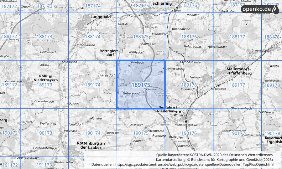 Übersichtskarte des KOSTRA-DWD-2020-Rasterfeldes Nr. 189175