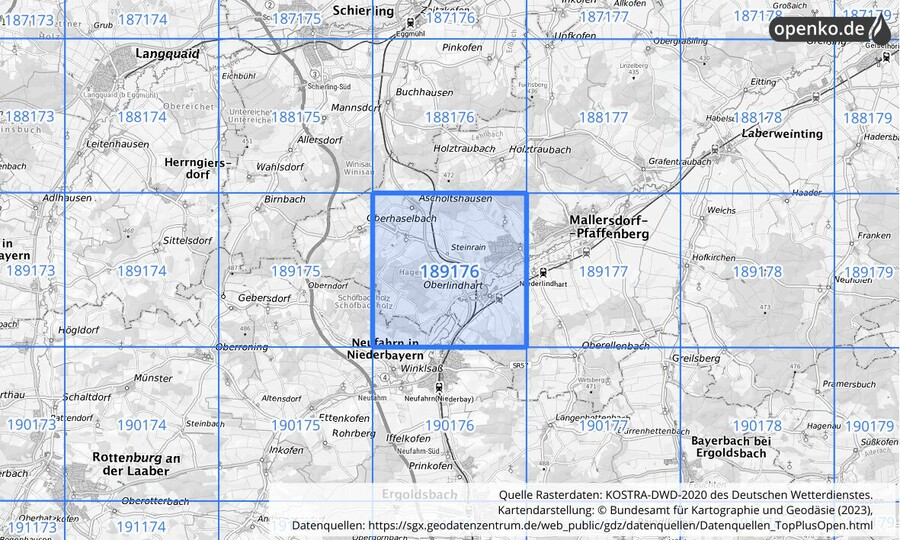Übersichtskarte des KOSTRA-DWD-2020-Rasterfeldes Nr. 189176