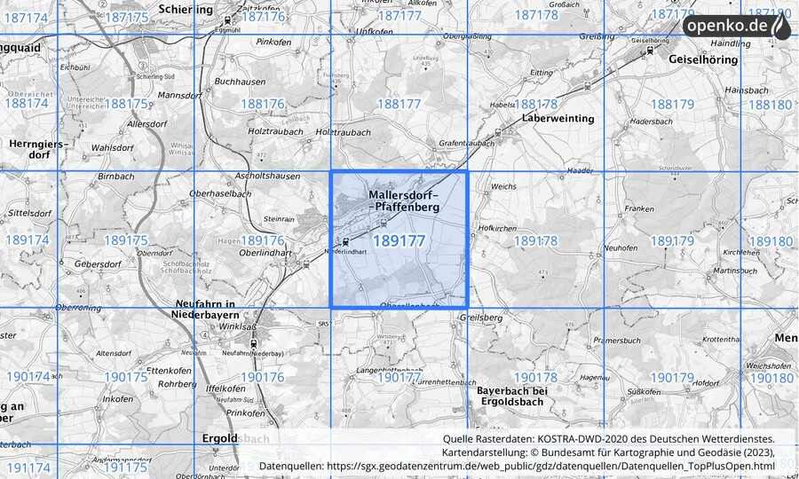 Übersichtskarte des KOSTRA-DWD-2020-Rasterfeldes Nr. 189177