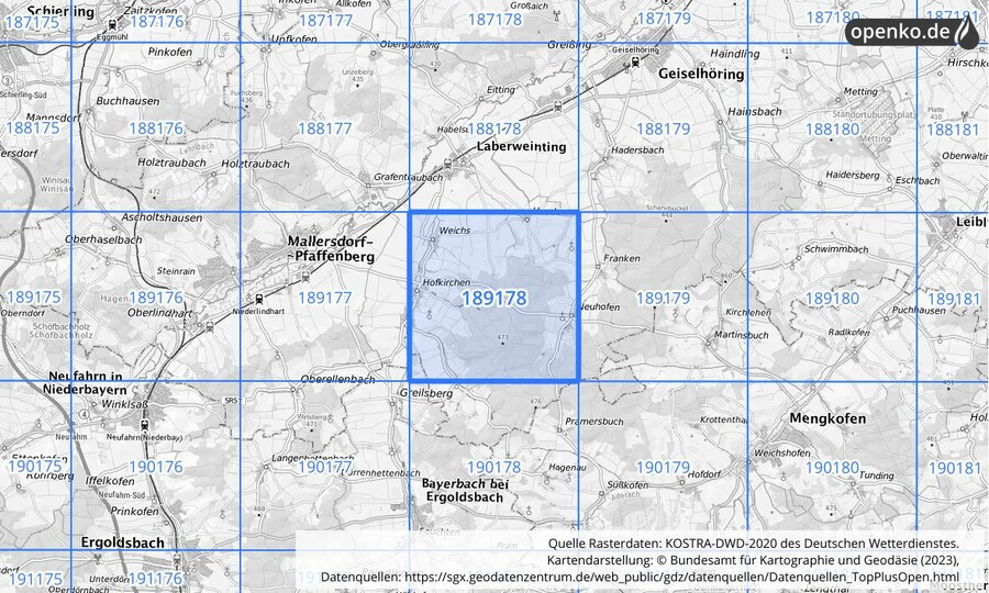 Übersichtskarte des KOSTRA-DWD-2020-Rasterfeldes Nr. 189178