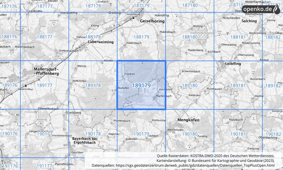 Übersichtskarte des KOSTRA-DWD-2020-Rasterfeldes Nr. 189179