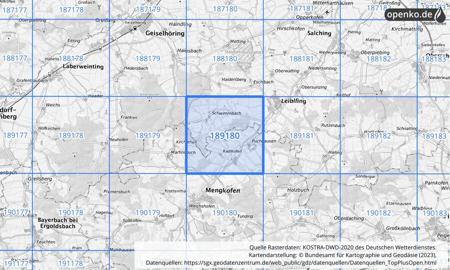 Übersichtskarte des KOSTRA-DWD-2020-Rasterfeldes Nr. 189180