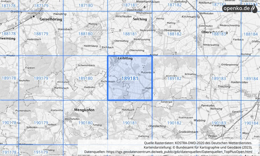 Übersichtskarte des KOSTRA-DWD-2020-Rasterfeldes Nr. 189181
