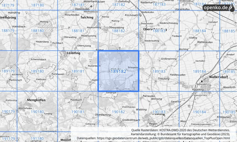 Übersichtskarte des KOSTRA-DWD-2020-Rasterfeldes Nr. 189182