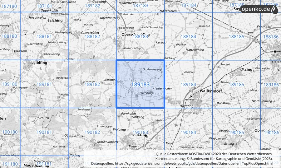 Übersichtskarte des KOSTRA-DWD-2020-Rasterfeldes Nr. 189183