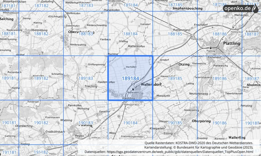 Übersichtskarte des KOSTRA-DWD-2020-Rasterfeldes Nr. 189184