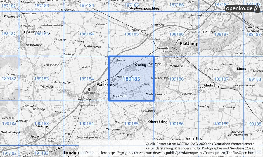 Übersichtskarte des KOSTRA-DWD-2020-Rasterfeldes Nr. 189185