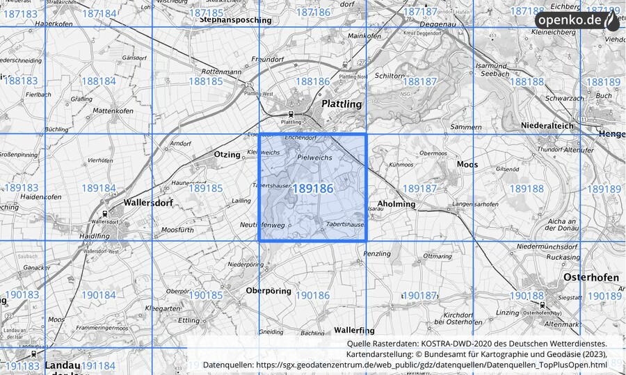 Übersichtskarte des KOSTRA-DWD-2020-Rasterfeldes Nr. 189186