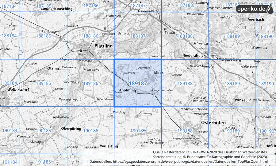 Übersichtskarte des KOSTRA-DWD-2020-Rasterfeldes Nr. 189187
