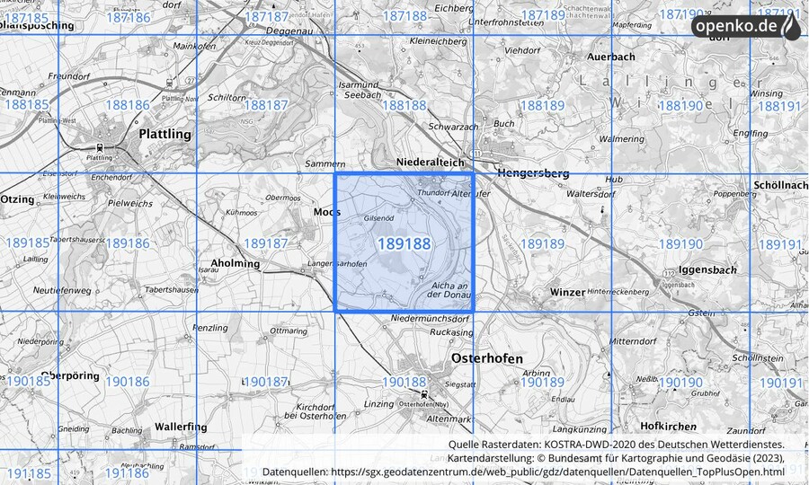 Übersichtskarte des KOSTRA-DWD-2020-Rasterfeldes Nr. 189188
